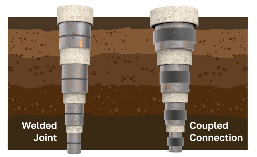 Oil rig pipes with coupled connections and welded joints